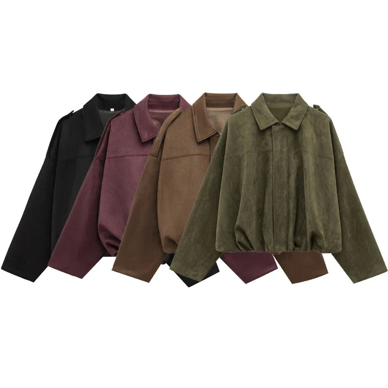 Lapel-Collared Cropped Bomber Jacket for Women with Zip Closure