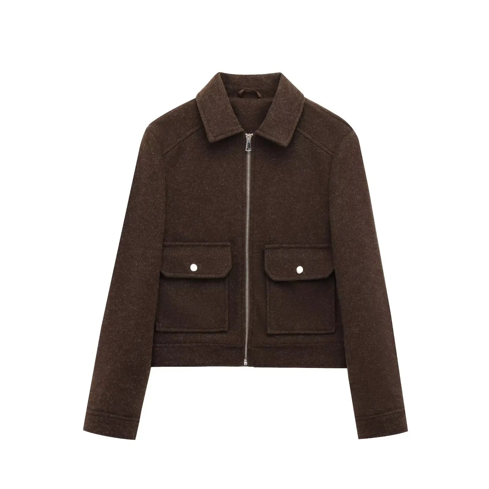 Women's Zip-Front Bomber Jacket with Short Lapels and Flap Pockets