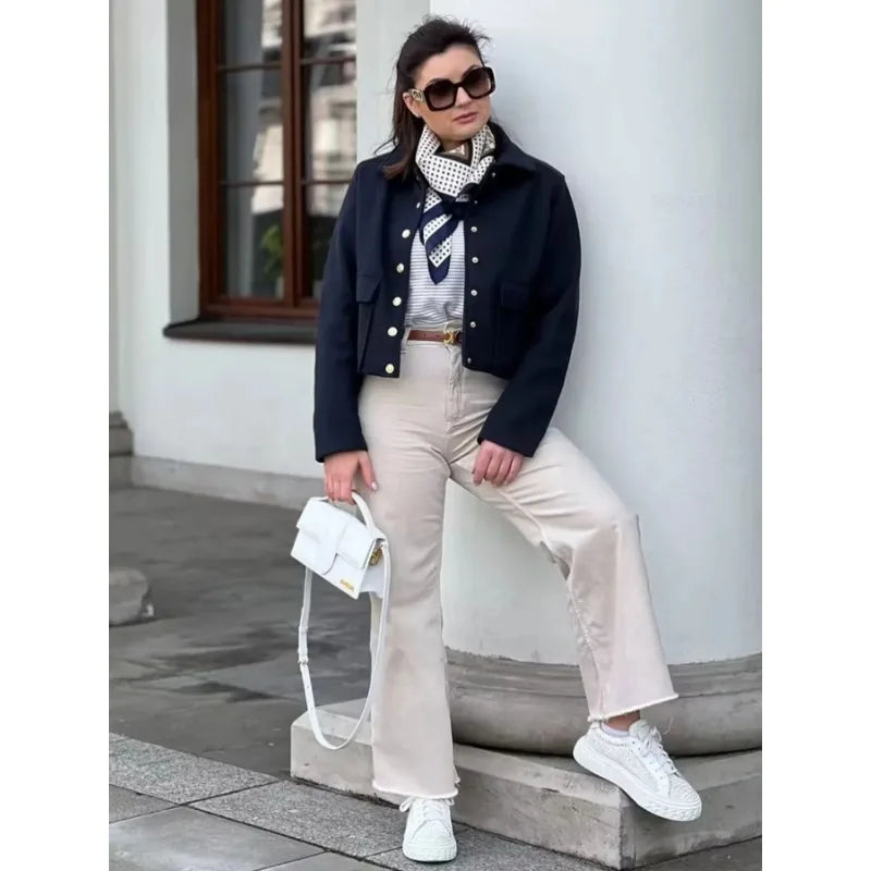 Women's Cropped Aviator Bomber Jacket Featuring Button Closure and Pockets