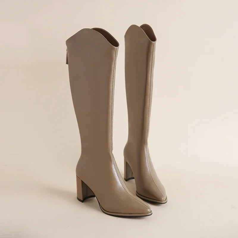Women's Knee-High Boots featuring Side Zipper and Block Heel