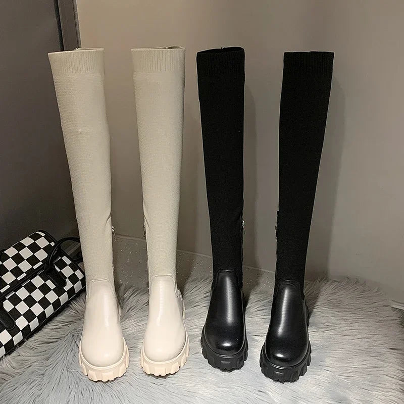 Women's Stretch Fit Knee-High Boots with Chunky Lug Sole and Side Zipper