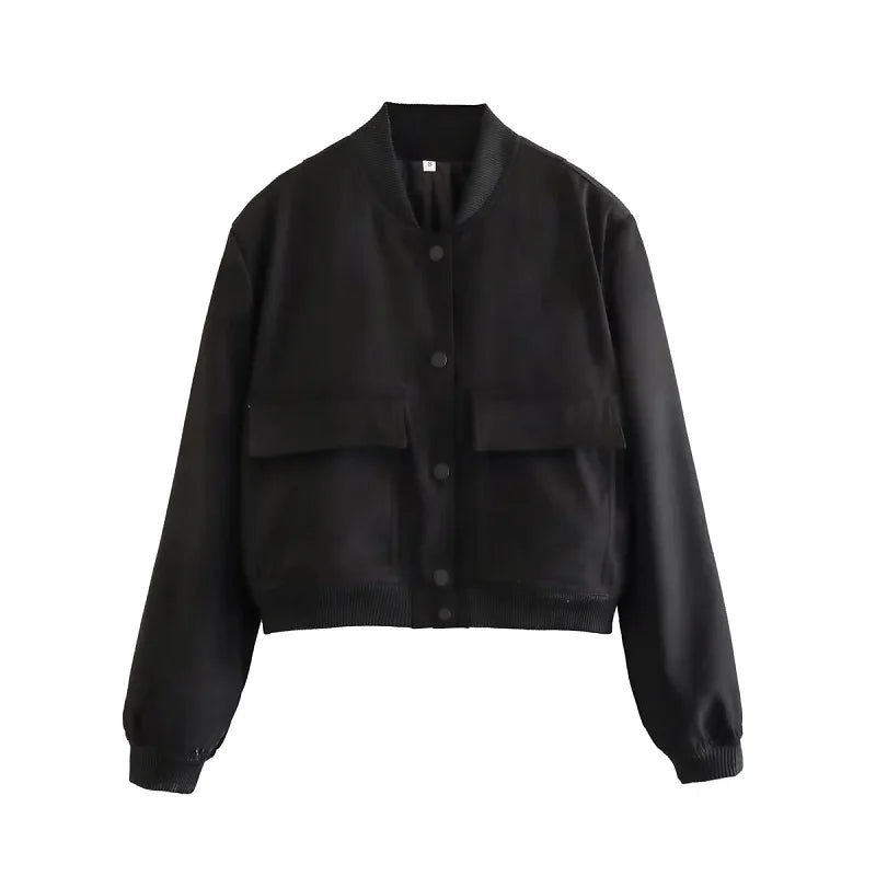 Women's Cropped Bomber Jacket Featuring Snap Buttons and Utility Pockets