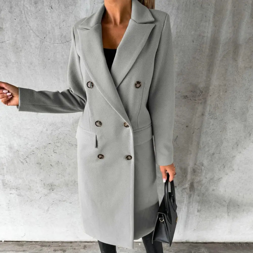 Double-Breasted Long Trench Coat for Women with Buttoned Cuffs