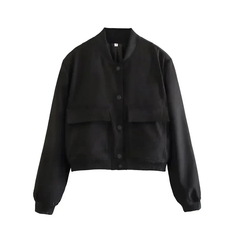 Women's Cropped Bomber Jacket with Baseball Collar and Snap Buttons