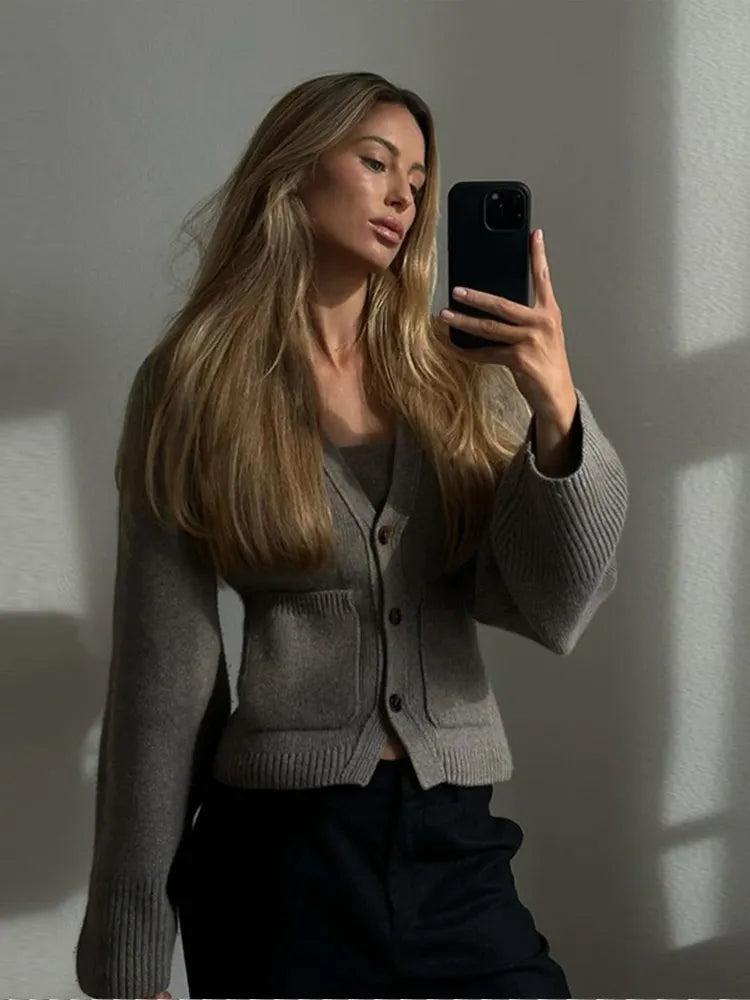 V-Neck Button-Up Cardigan for Women with Ribbed Hem and Patch Pockets