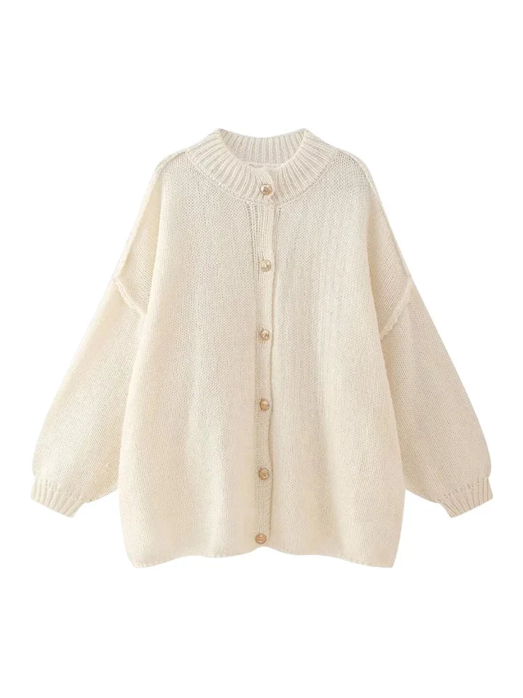 Lapel Bat Sleeve Cardigan for Women with Metal Button Accents