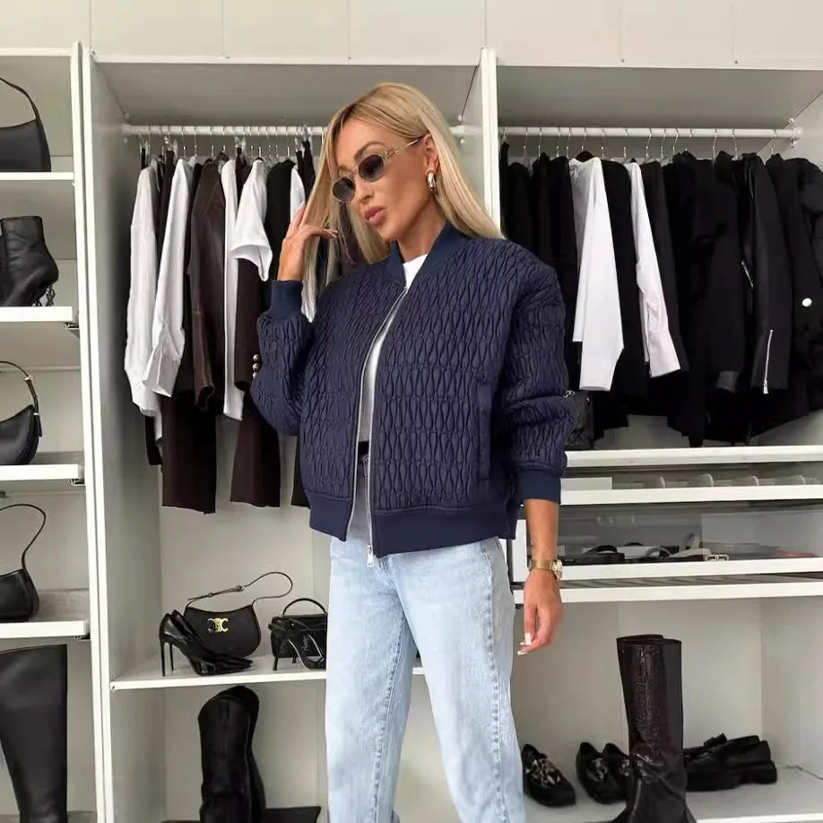 Women's Zip-Front Quilted Bomber Jacket with Ribbed Details
