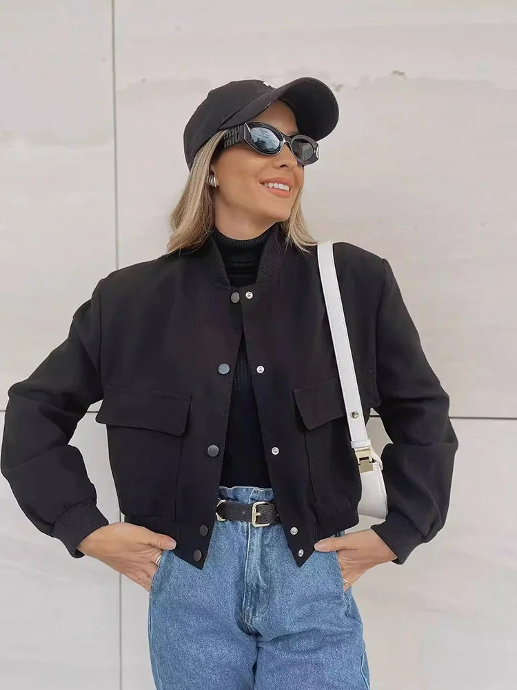 Casual Women's Bomber Jacket Featuring Front Buttons and Flap Pockets