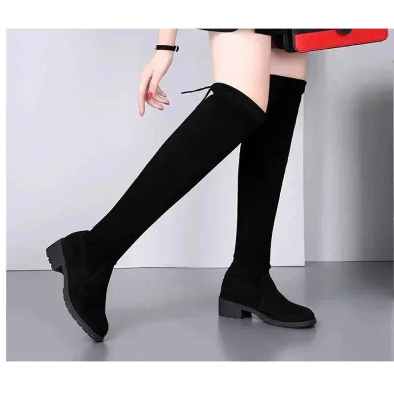 Chunky High Heel Black Lace-Up Over-the-Knee Boots for Women