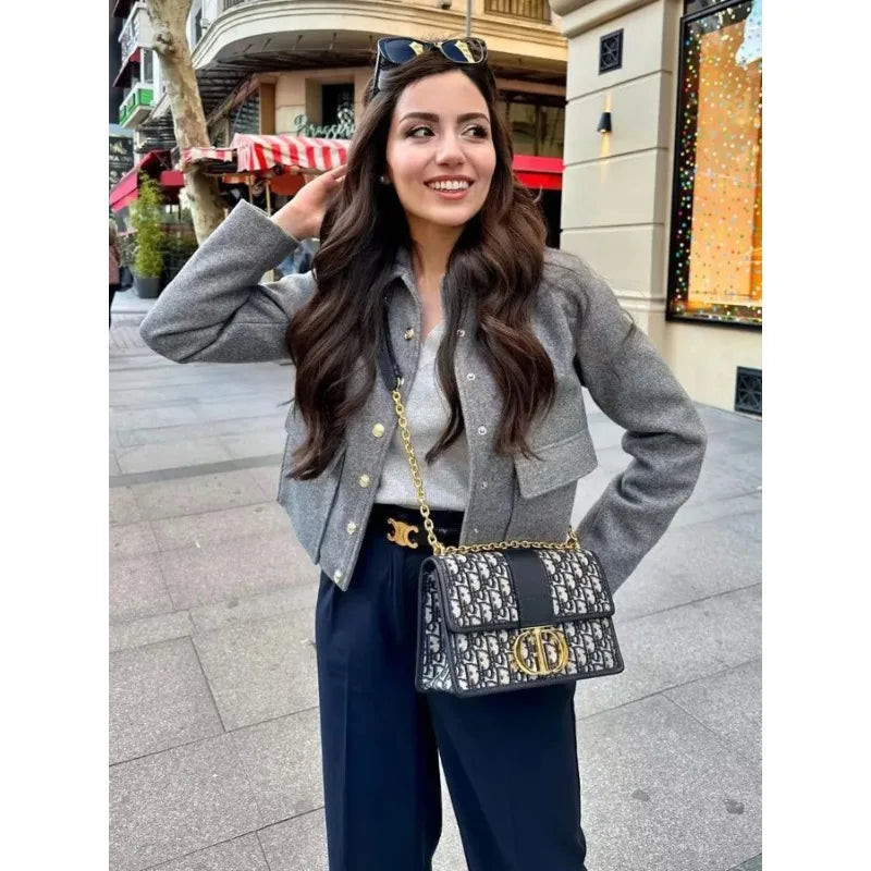 Women's Cropped Aviator Bomber Jacket Featuring Button Closure and Pockets