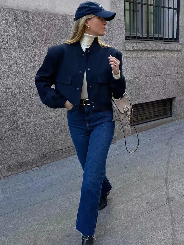 Women's Cropped Bomber Jacket with Baseball Collar and Snap Buttons
