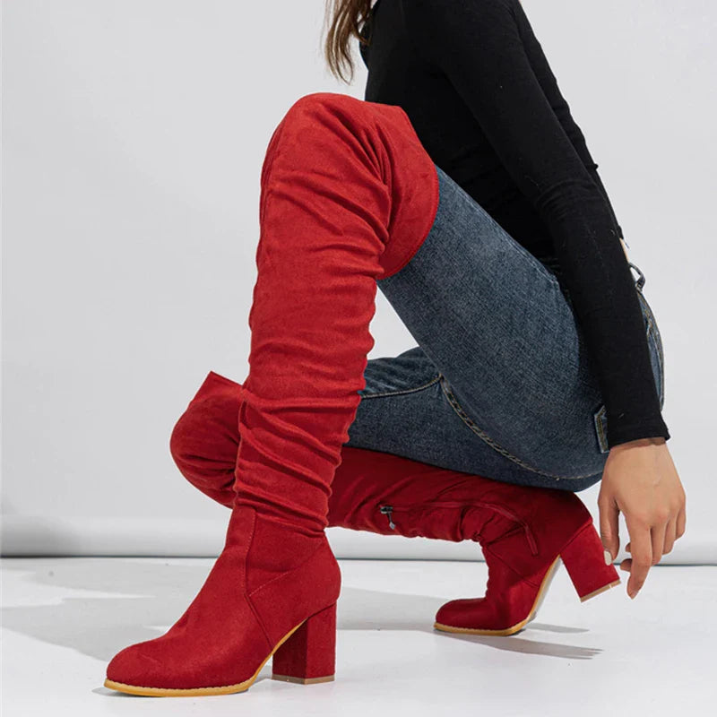 Pointed Toe Slouch Block Heel Knee High Boots for Women
