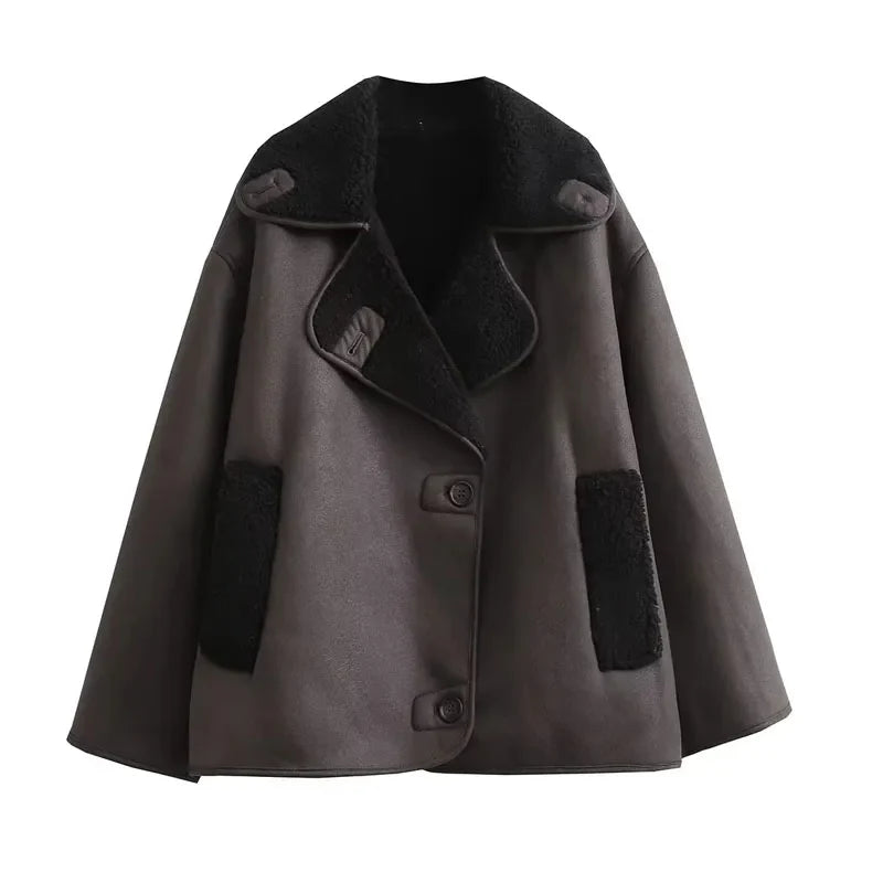 Women's Leather Winter Coat with Cozy Lining and Broad Collar