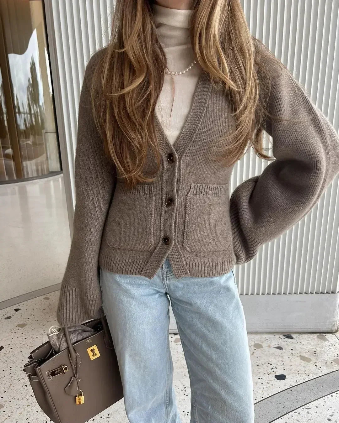 V-Neck Button-Up Cardigan for Women with Ribbed Hem and Patch Pockets