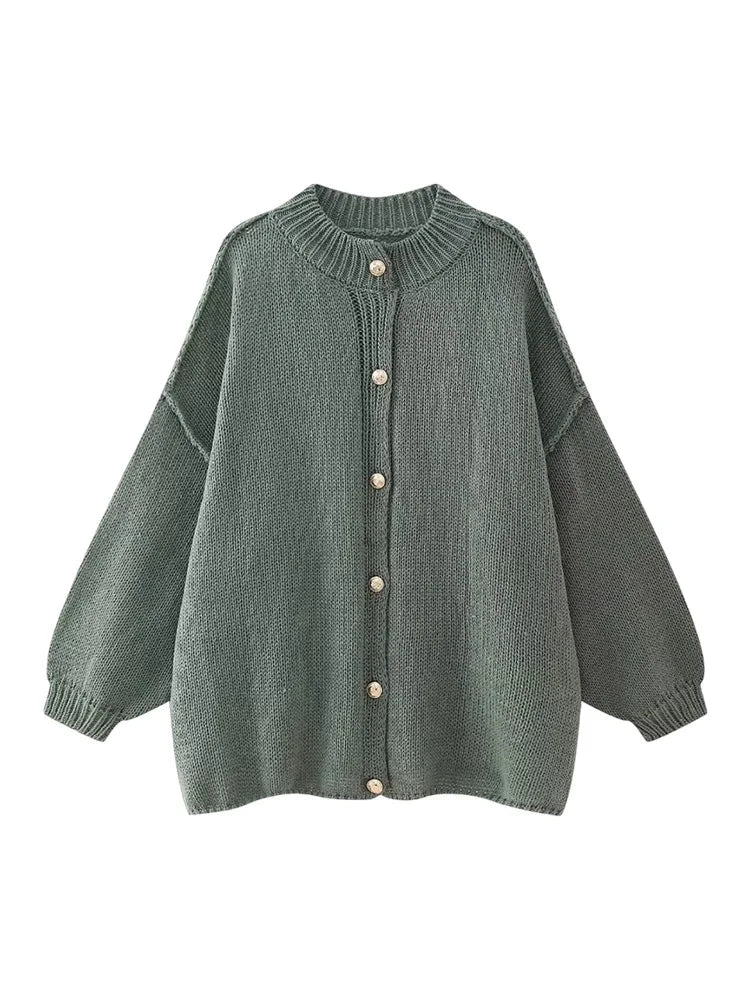 Lapel Bat Sleeve Cardigan for Women with Metal Button Accents
