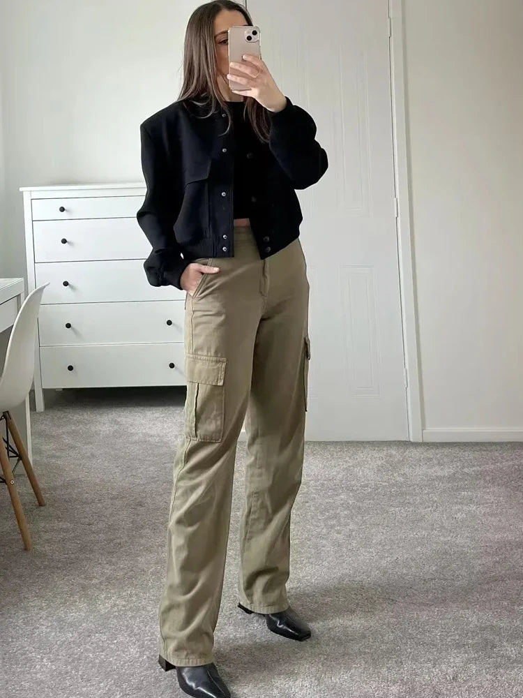 Women's Cropped Bomber Jacket Featuring Snap Buttons and Utility Pockets
