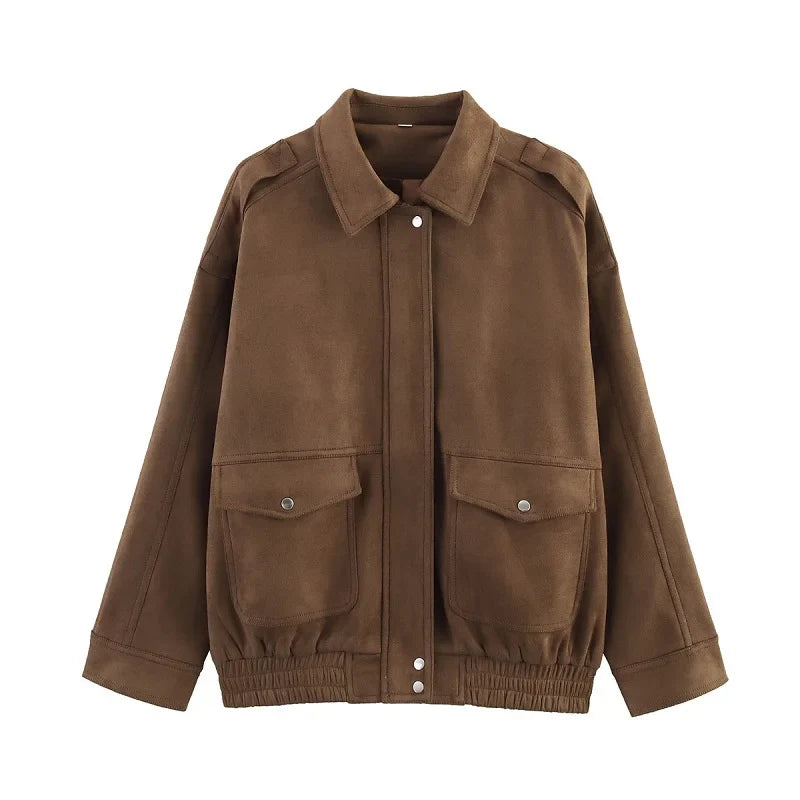 Women's Bomber Jacket in Streetwear Style with Snap Buttons and Flap Pockets