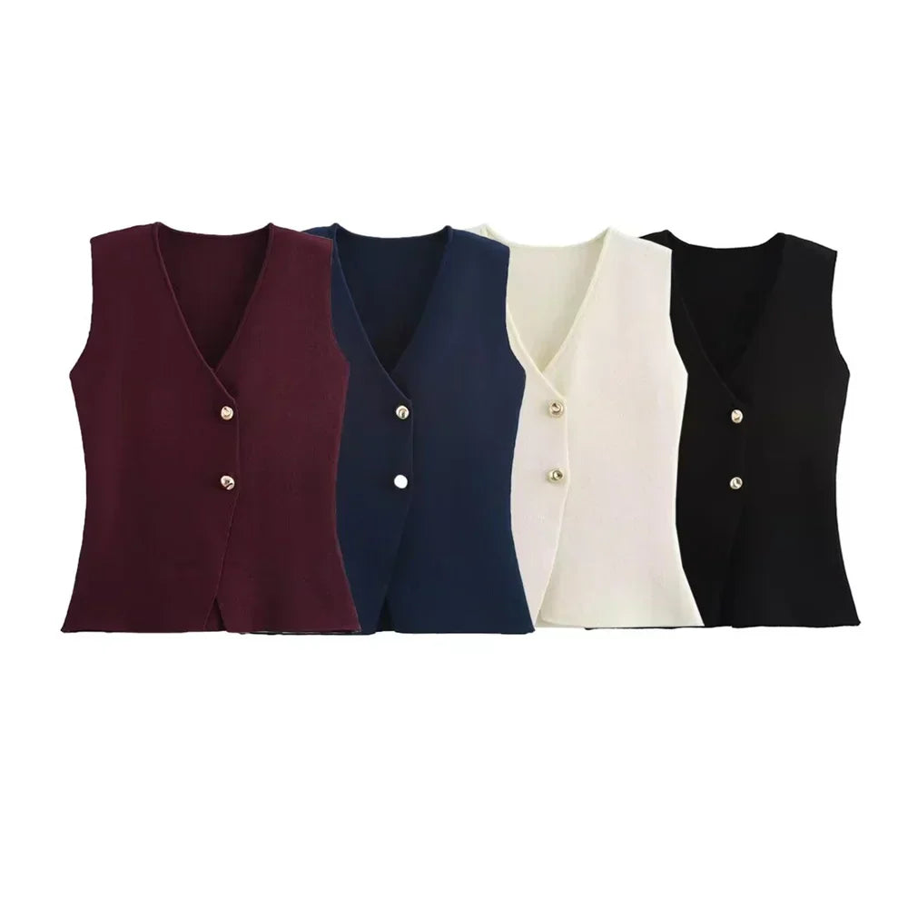 Women's Sleeveless Knitted Vest Top with Button-Front Closure