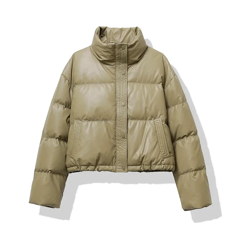 Women's Quilted Puffer Jacket with Mock Neck and Short Style