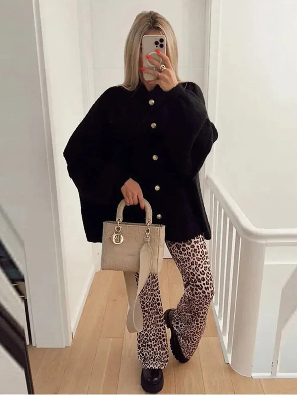 Lapel Bat Sleeve Cardigan for Women with Metal Button Accents
