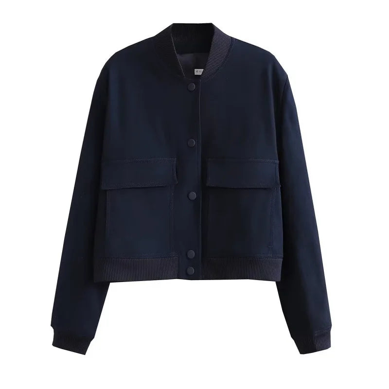 Casual Women's Bomber Jacket Featuring Front Buttons and Flap Pockets