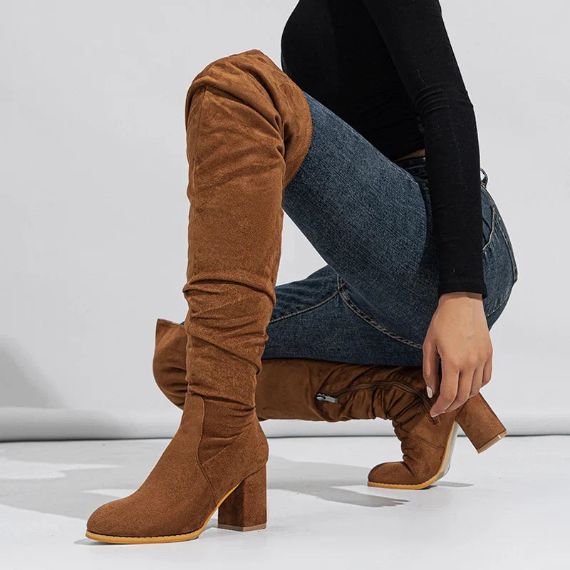 Pointed Toe Slouch Block Heel Knee High Boots for Women