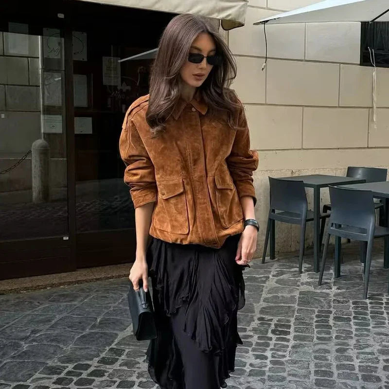 Women's Bomber Jacket in Streetwear Style with Snap Buttons and Flap Pockets