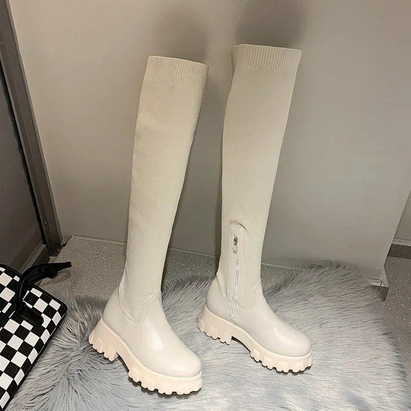 Women's Stretch Fit Knee-High Boots with Chunky Lug Sole and Side Zipper