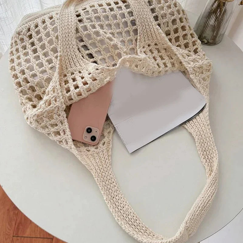 Large Capacity Women's Hollow Knit Crochet Tote Bag