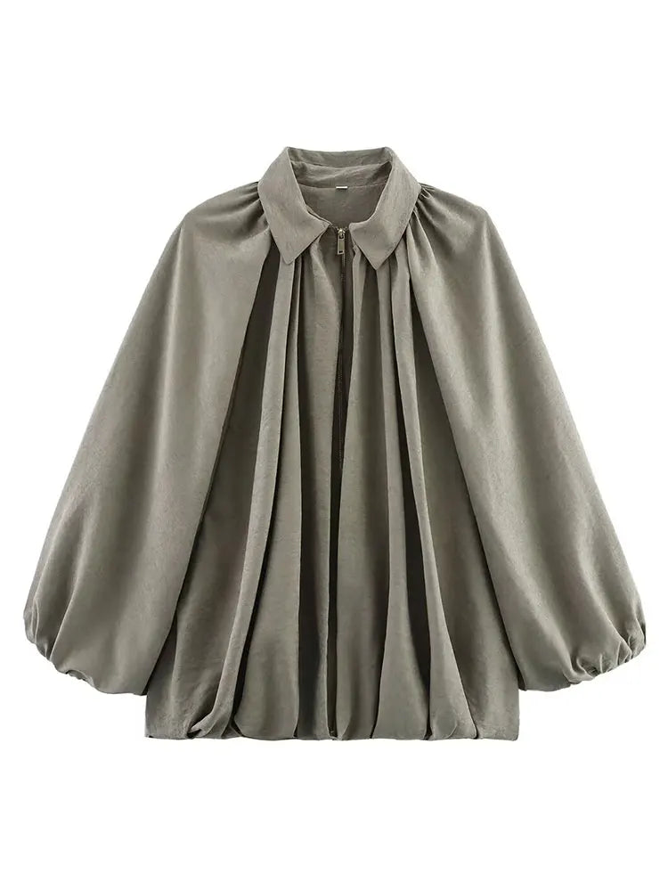Women's Oversized Bomber Jacket with Long Puff Sleeves and Zip Closure