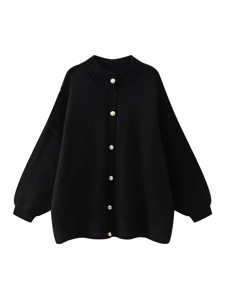 Lapel Bat Sleeve Cardigan for Women with Metal Button Accents
