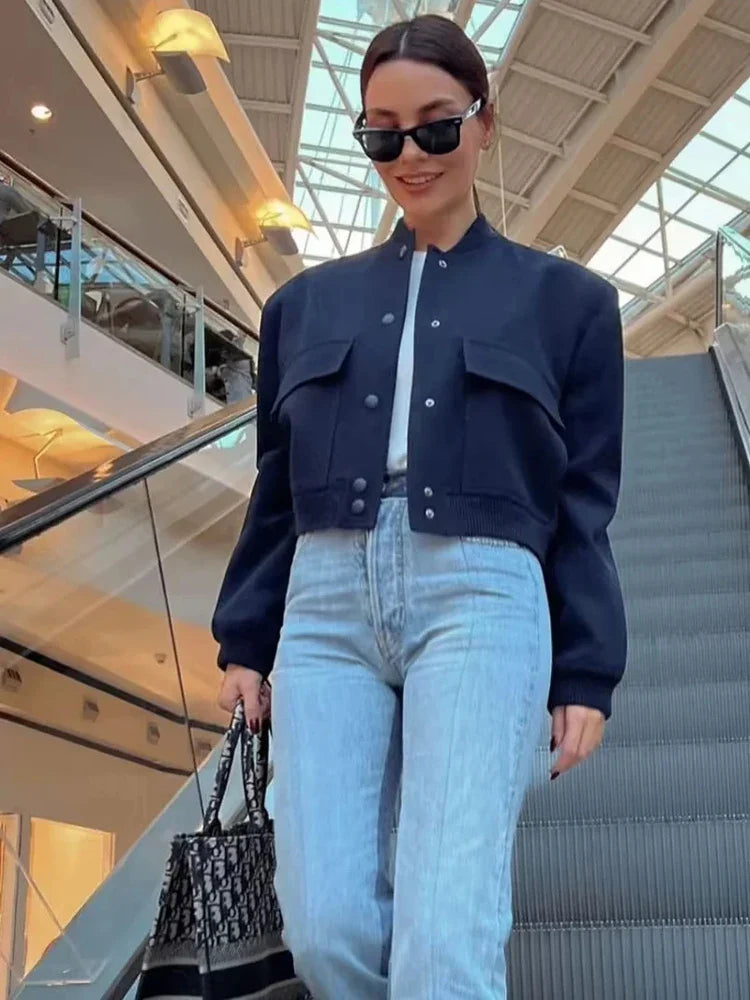 Women's Cropped Bomber Jacket Featuring Snap Buttons and Utility Pockets