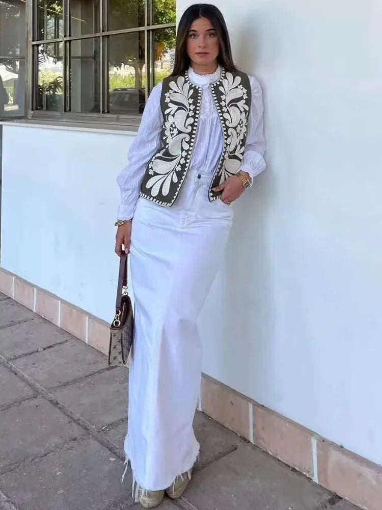 Floral-Embroidered Sleeveless Women's Vest