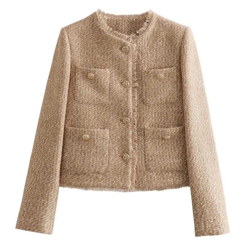 Elegant Short Coat Style Women's Long Sleeve Cropped Tweed Jacket