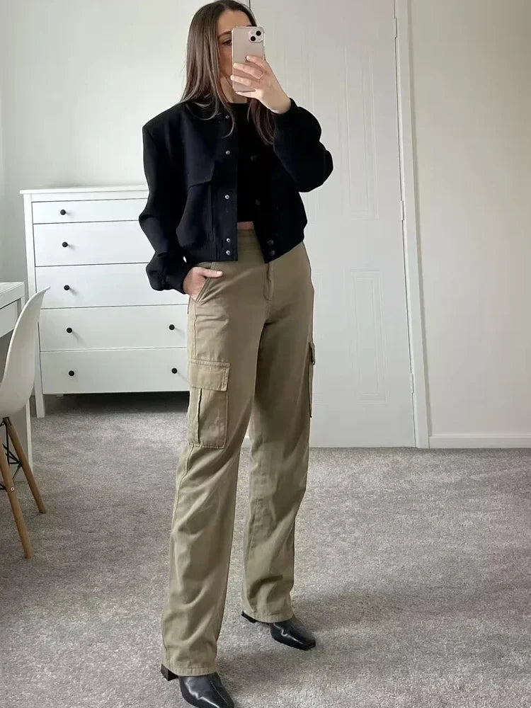 Women's Cropped Bomber Jacket with Baseball Collar and Snap Buttons