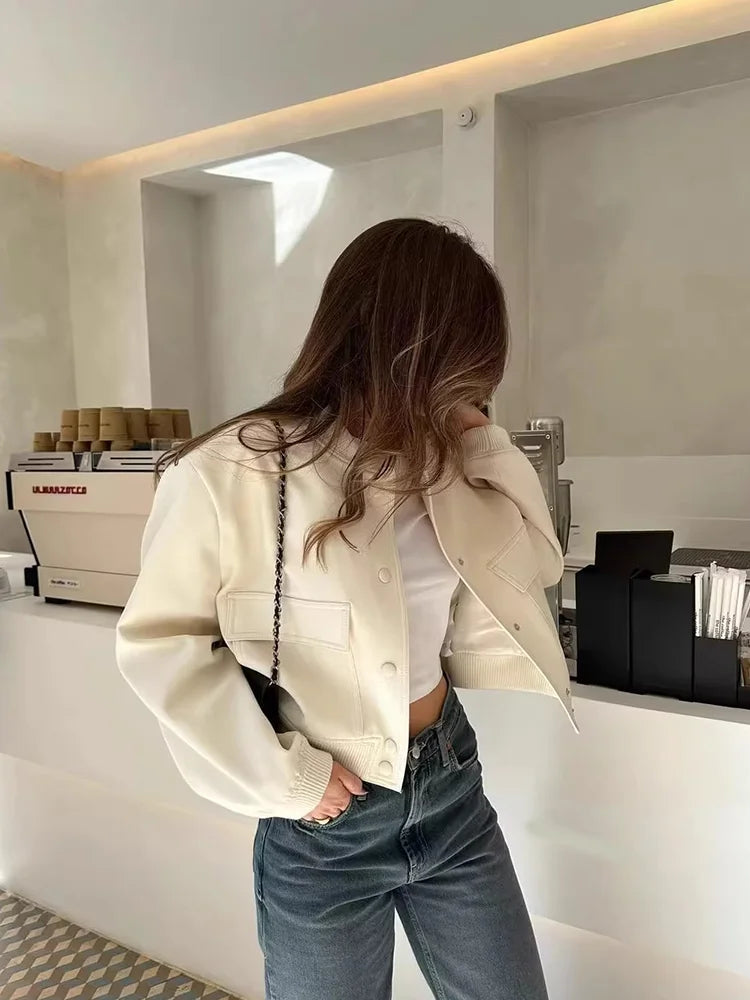 Casual Women's Bomber Jacket Featuring Front Buttons and Flap Pockets