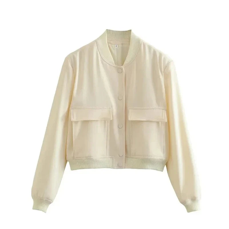 Women's Cropped Bomber Jacket with Baseball Collar and Snap Buttons