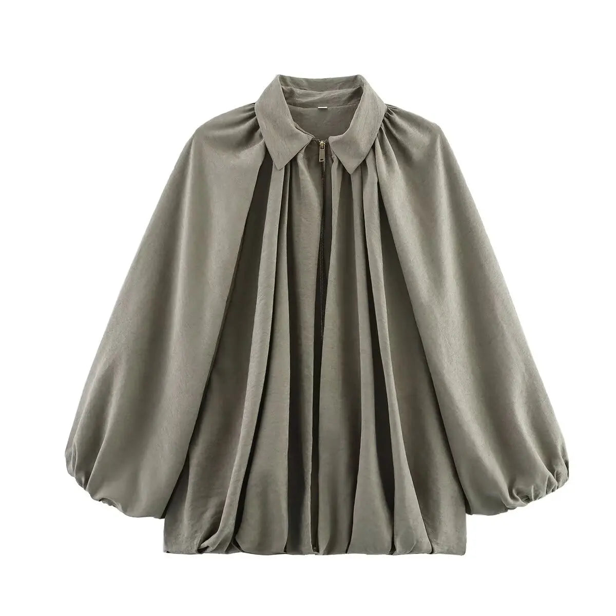 Women's Oversized Bomber Jacket with Long Puff Sleeves and Zip Closure