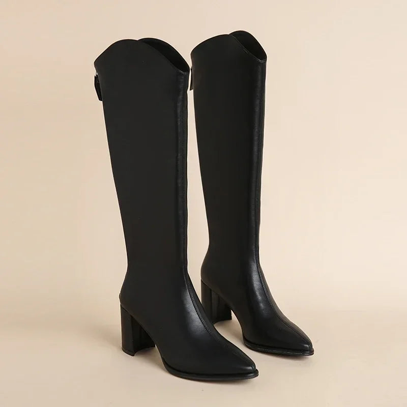 Women's Knee-High Boots featuring Side Zipper and Block Heel