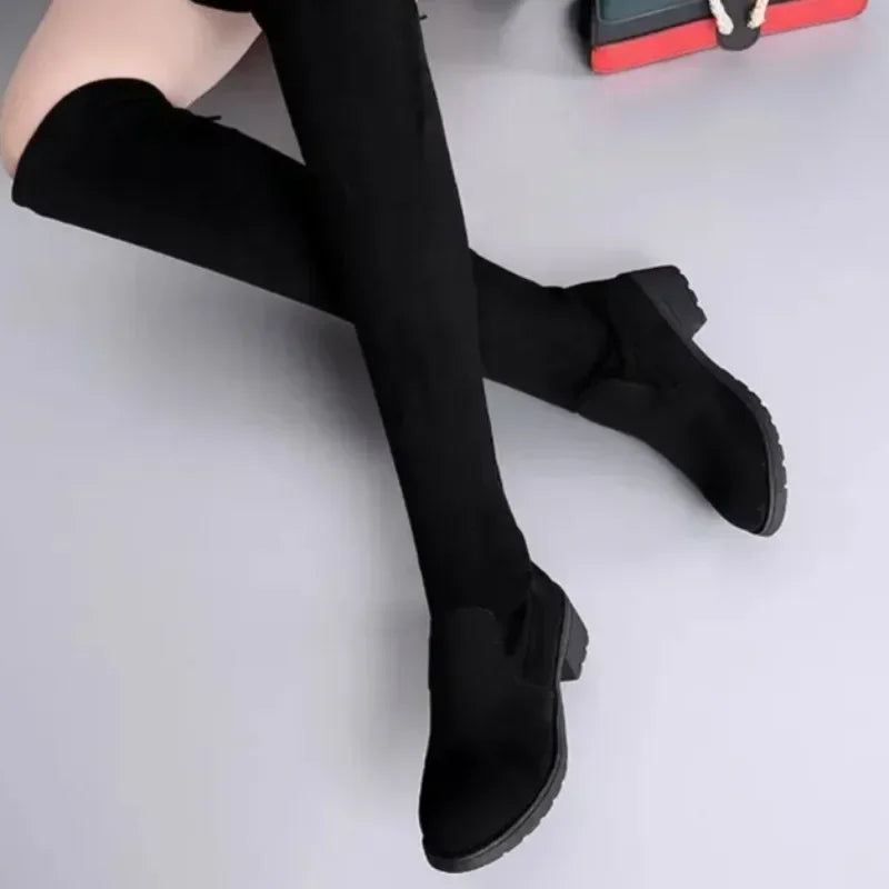 Chunky High Heel Black Lace-Up Over-the-Knee Boots for Women
