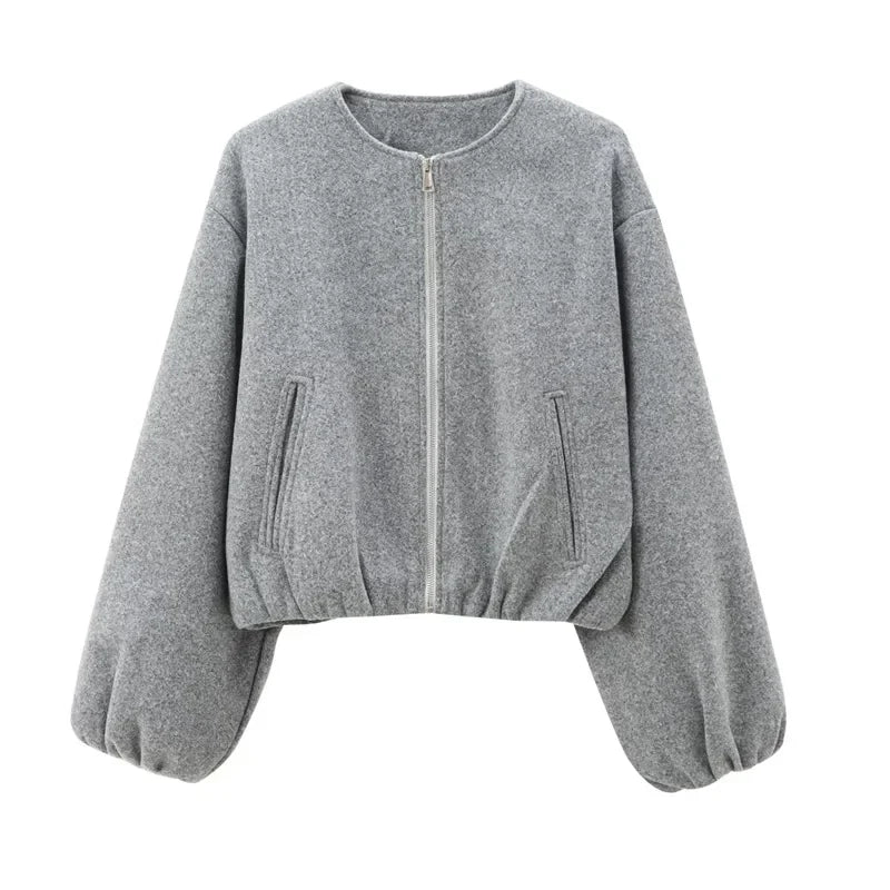 Women's Long Sleeve Cropped Bomber Jacket with Front Zip