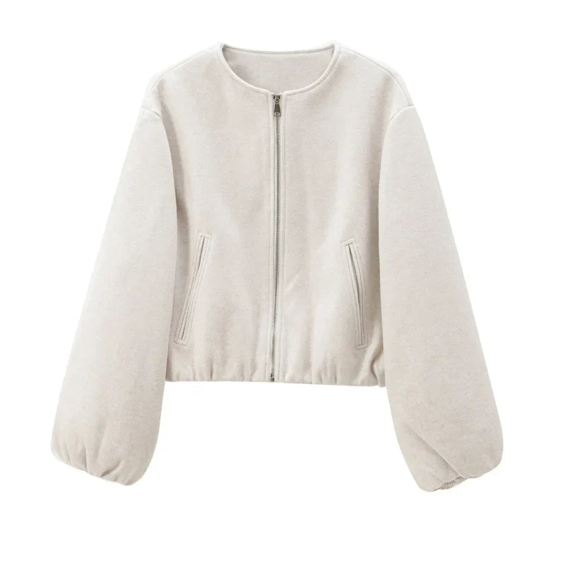 Women's Long Sleeve Cropped Bomber Jacket with Front Zip