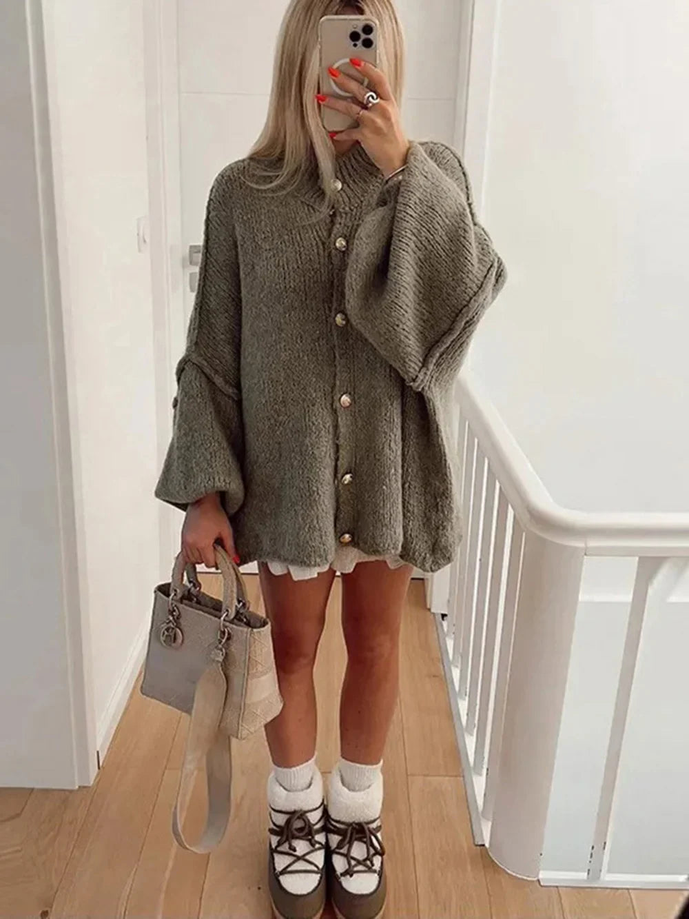 Lapel Bat Sleeve Cardigan for Women with Metal Button Accents