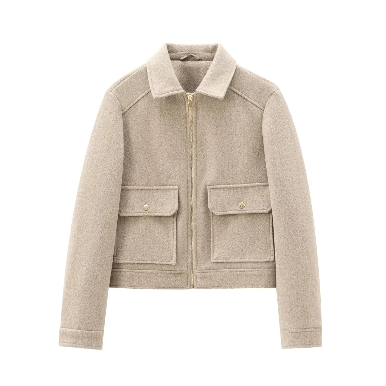 Women's Zip-Front Bomber Jacket with Short Lapels and Flap Pockets