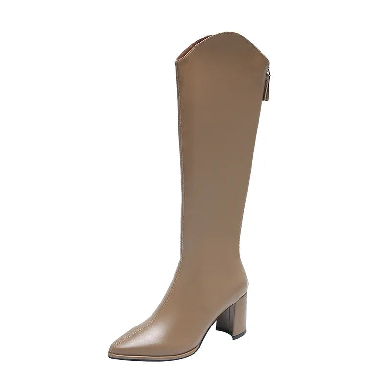 Women's Knee-High Boots featuring Side Zipper and Block Heel