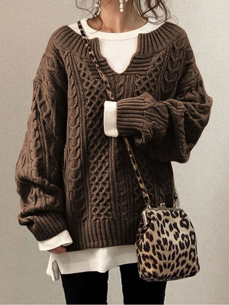 Chunky Textured Cable Knit Jumper for Women with Notched Round Neck