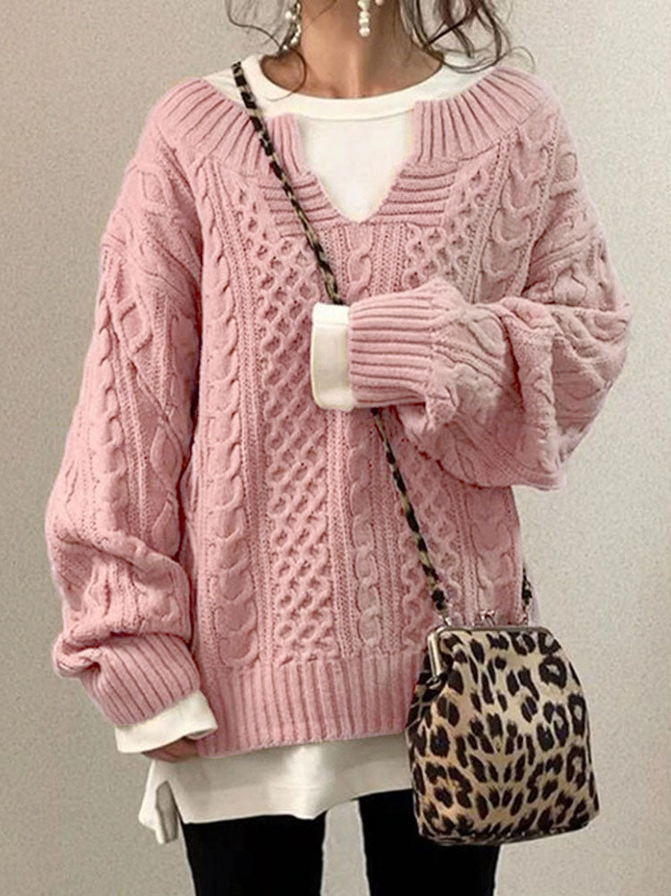 Chunky Textured Cable Knit Jumper for Women with Notched Round Neck