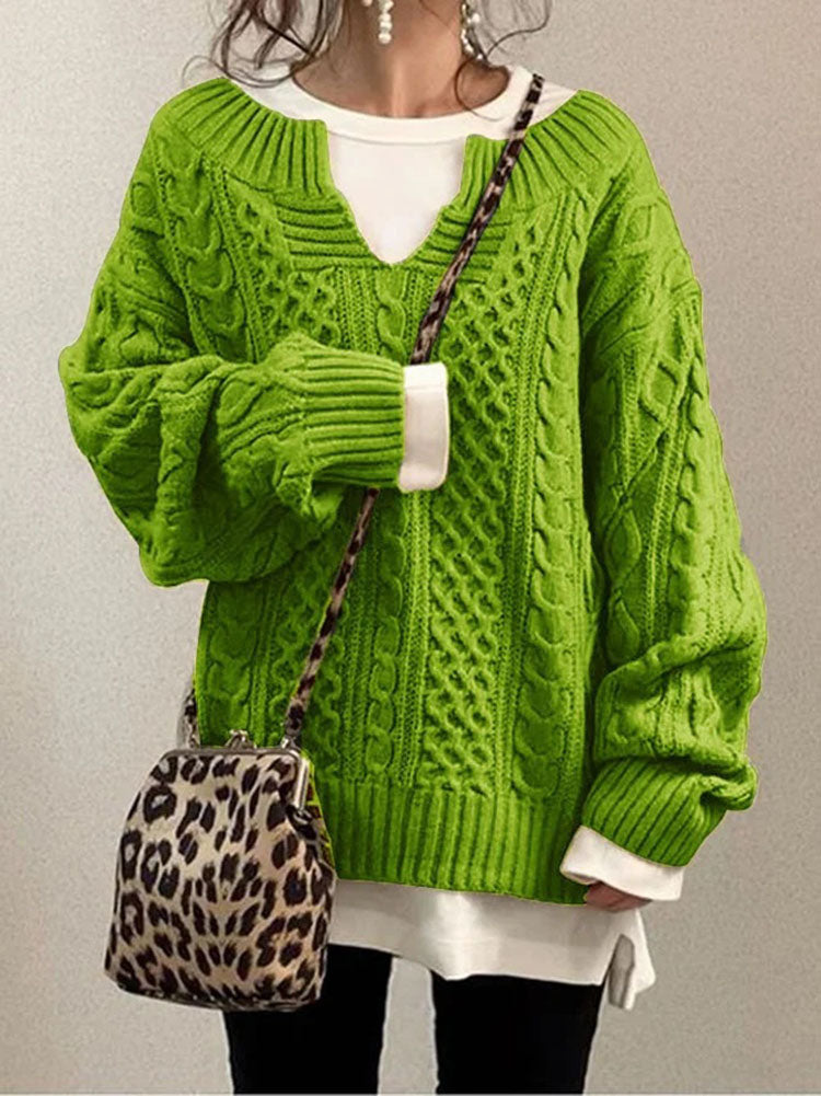 Chunky Textured Cable Knit Jumper for Women with Notched Round Neck