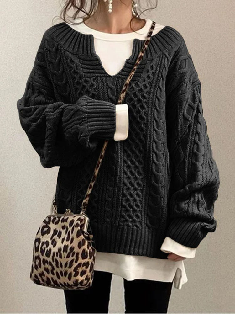 Chunky Textured Cable Knit Jumper for Women with Notched Round Neck