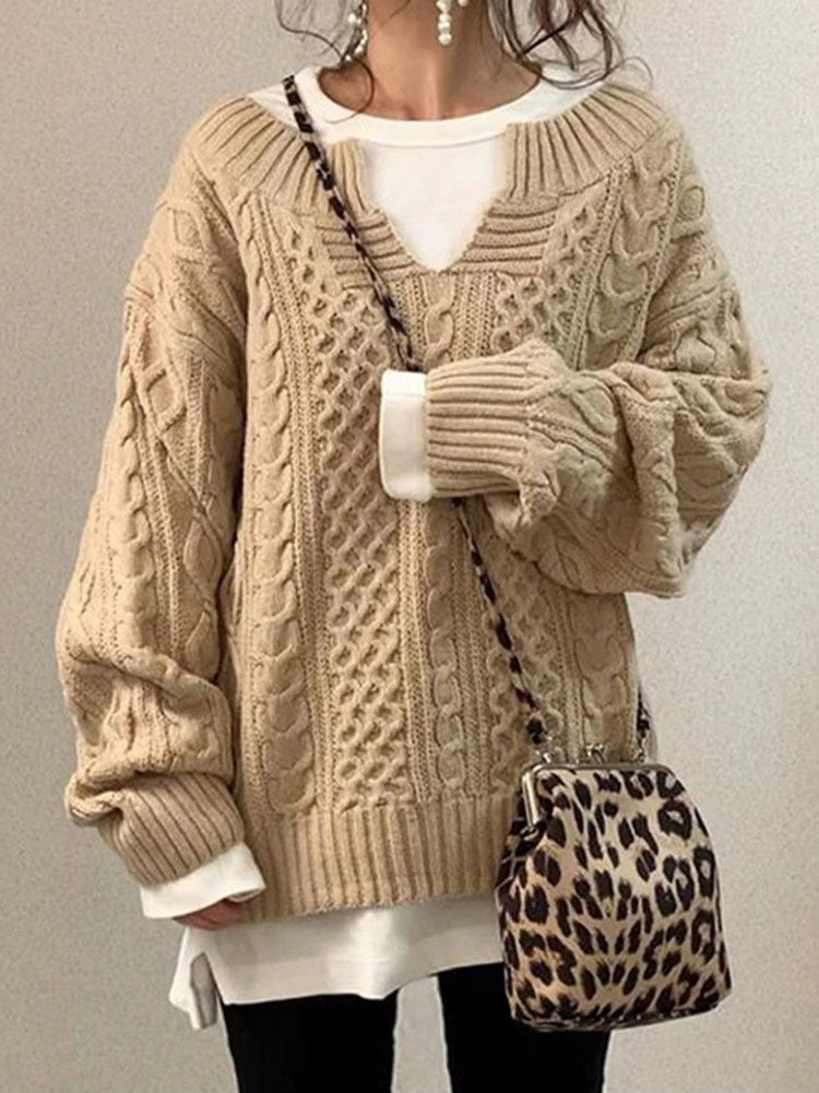 Chunky Textured Cable Knit Jumper for Women with Notched Round Neck